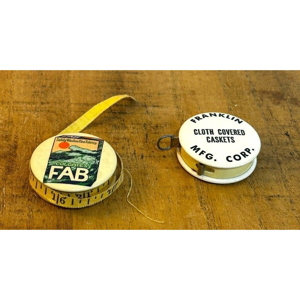 2 VTG Mini Pocket Tape Measures Advertising Fab Laundry Soap Franklin Caskets
